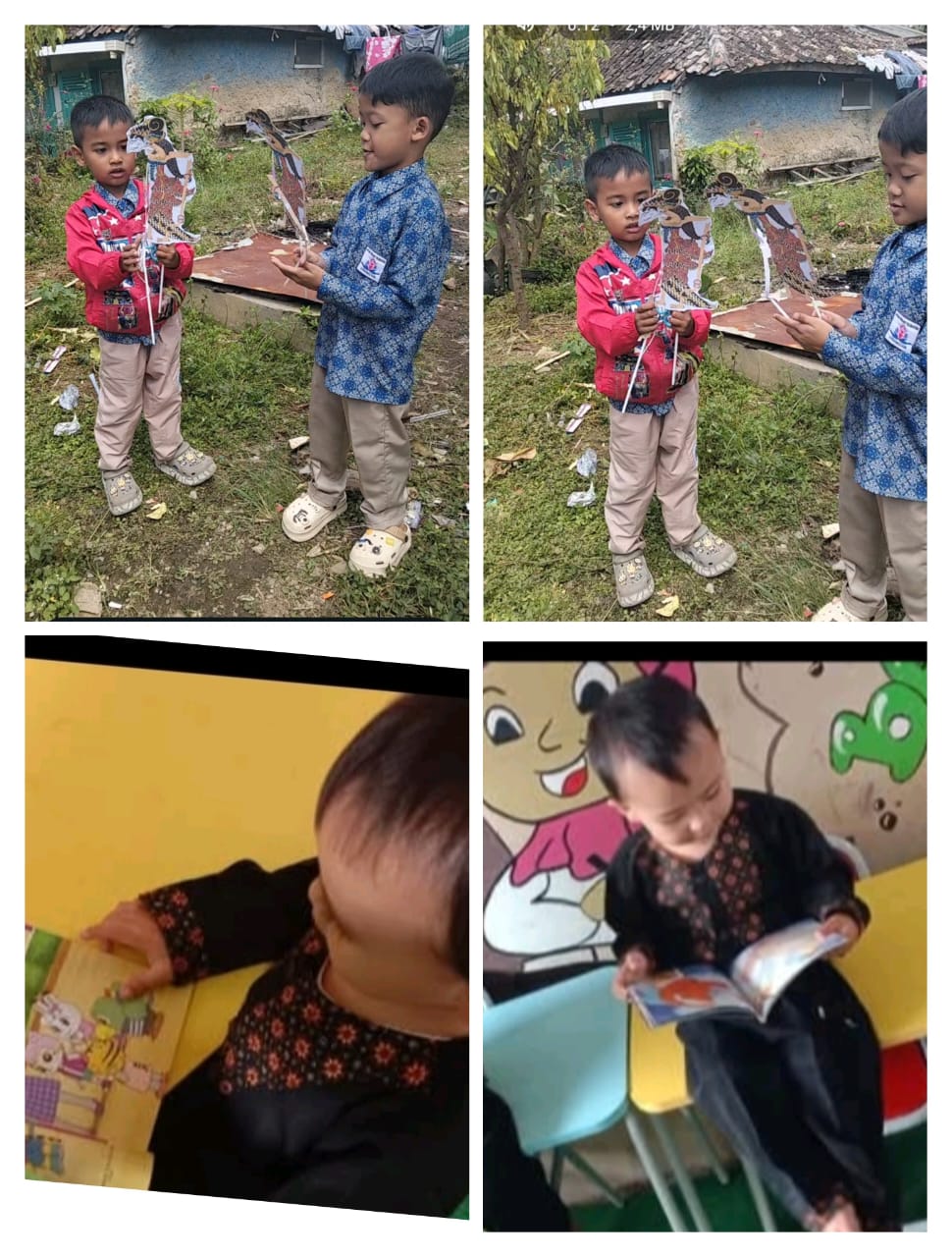 membuat wayang dan membaca buku cerita